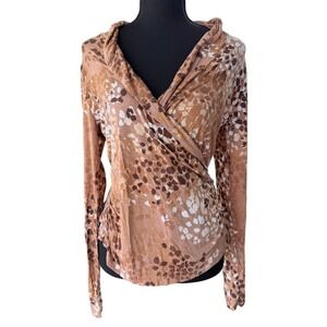 Ann Taylor Brown Deer Print Wrap Top Long Sleeve Modal Ruched Size M Casual